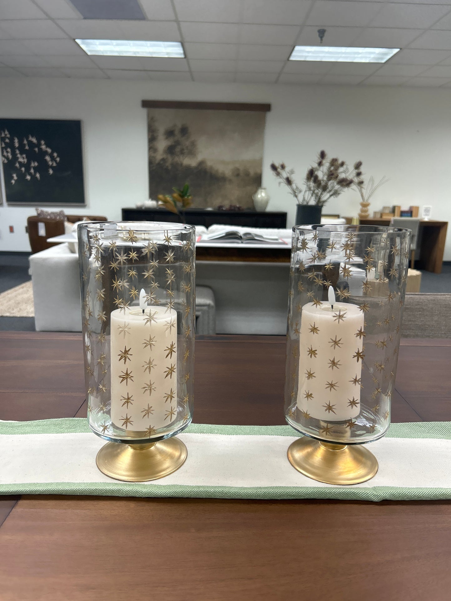 Hand-Painted Etched Glass Footed Hurricane with Starburst Pattern