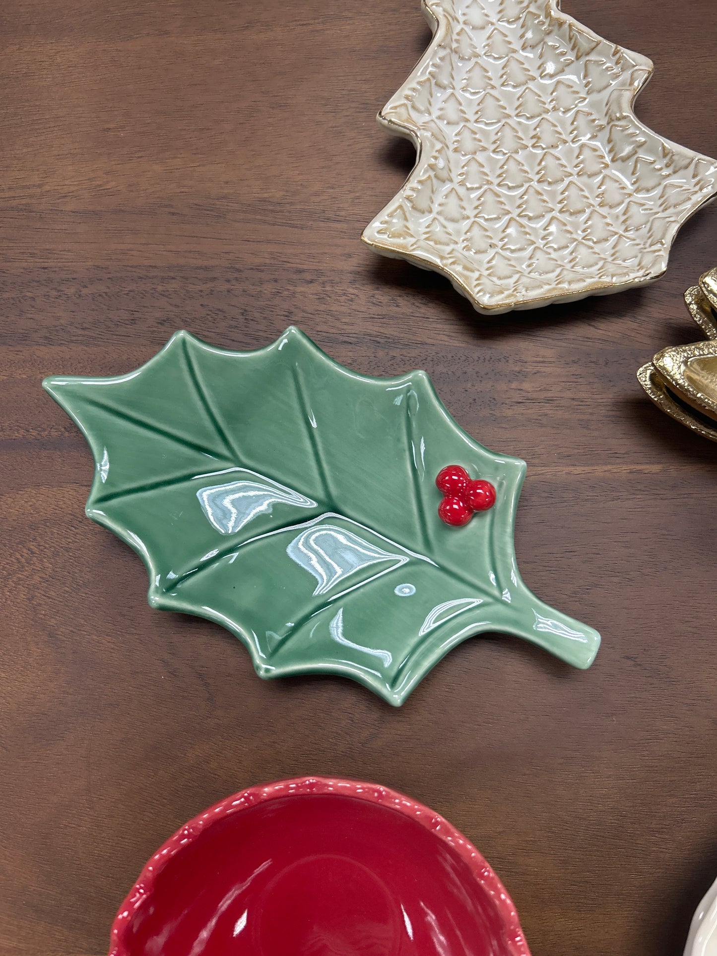 Stoneware Holly Leaf Shaped Dish, Reactive Glaze, Green & Red (Each One Will Vary)