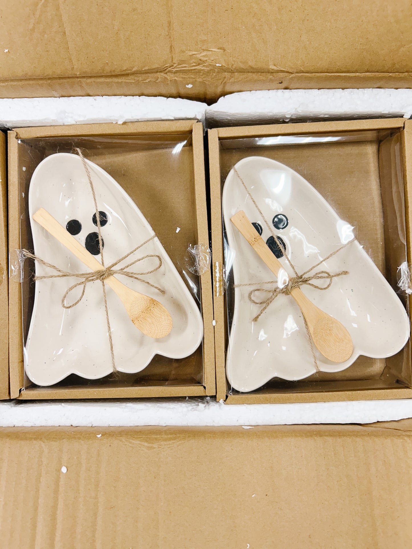 Stoneware Ghost Shaped Dish with Spoon, Boxed Set of 2 Tied with Jute