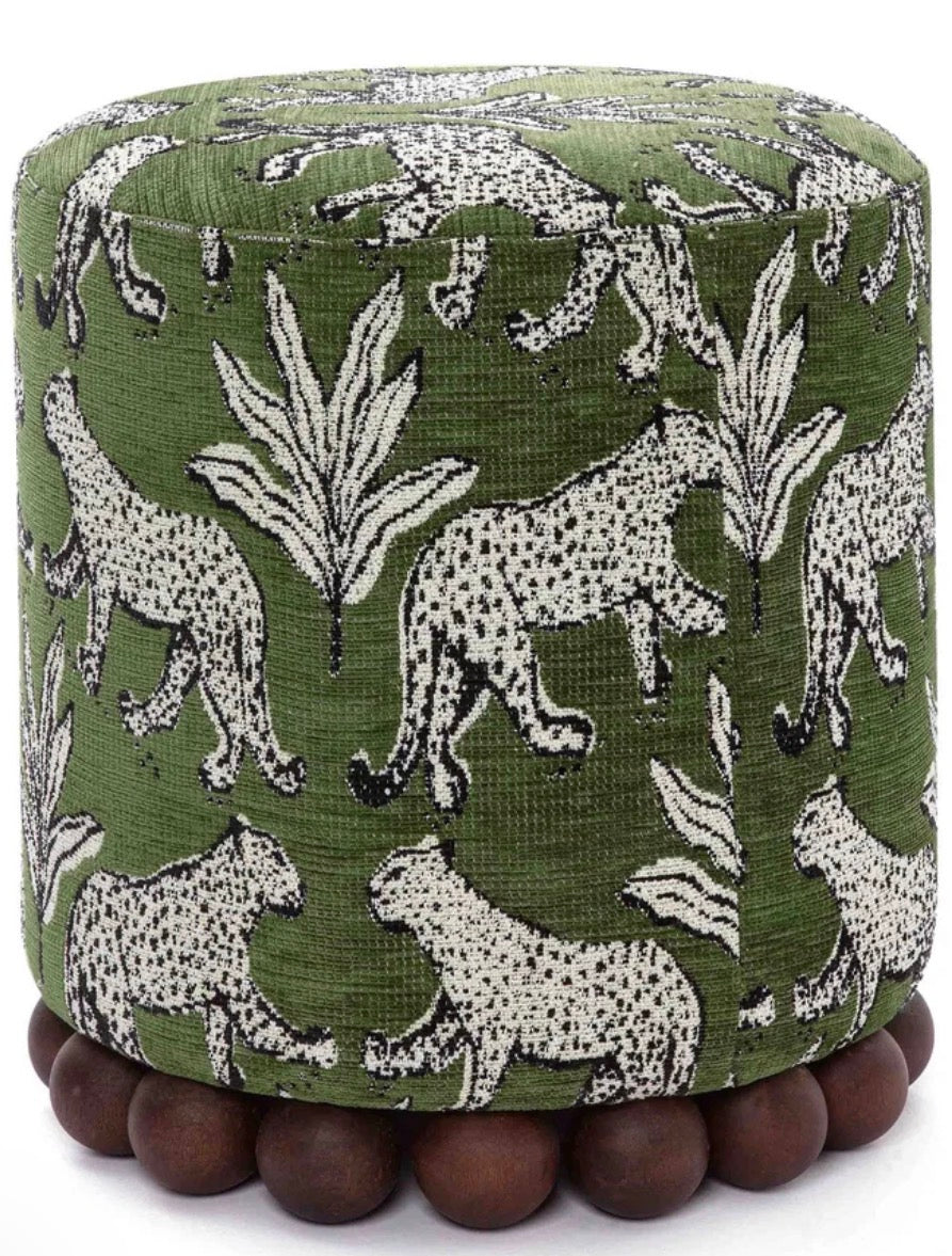 Green leopard ottoman with wood