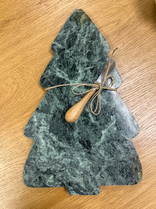 Marble Tree Shaped Cheese/Cutting Board w/ Canape Knife, Set of 2