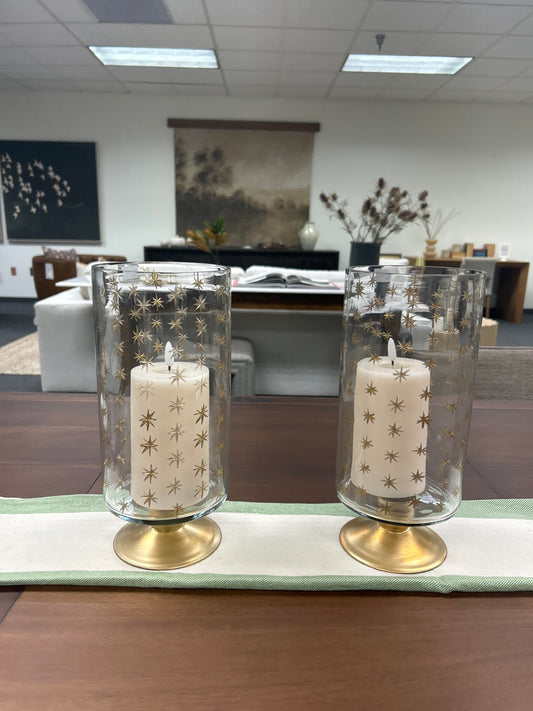 Hand-Painted Etched Glass Footed Hurricane with Starburst Pattern