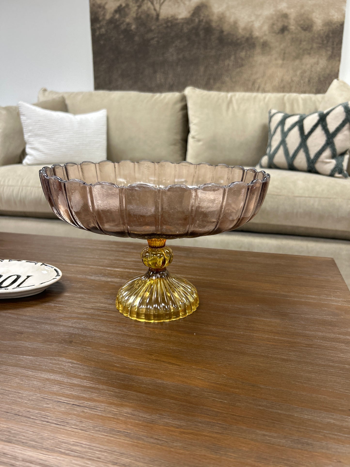 MULTI-COLORED GLASS COMPOTE - SCALLOPED