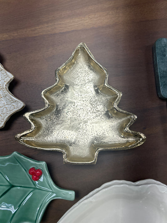 Cast Aluminum Tree Shaped Dish, Gold Finish