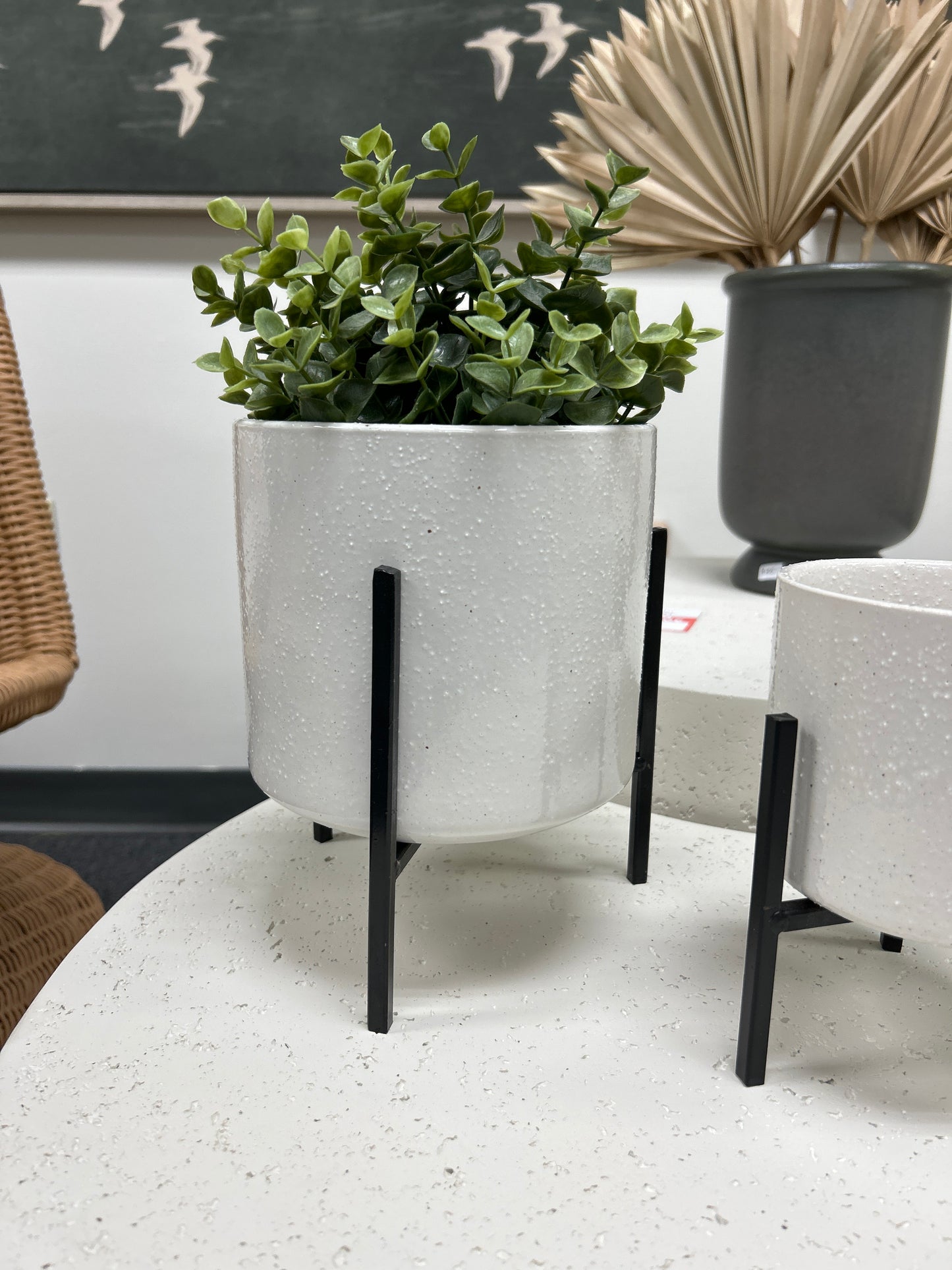 Stoneware Planter Metal Stand Black- Large