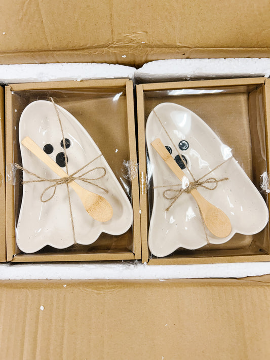 Stoneware Ghost Shaped Dish with Spoon, Boxed Set of 2 Tied with Jute