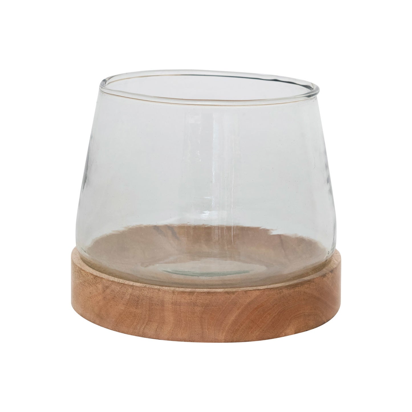 Glass Hurricane/Vase with Mango Wood Base, Set of 2