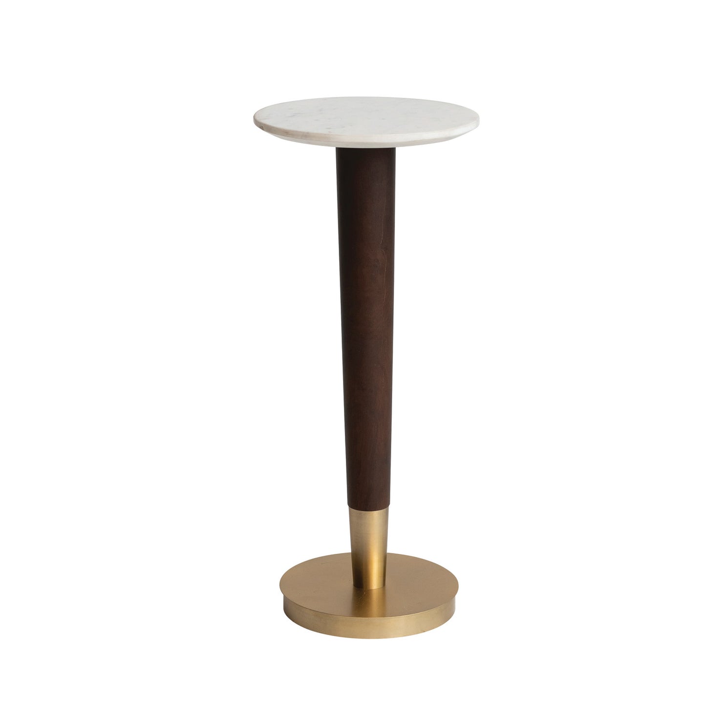 Wood & Metal Martini Table w/ White Marble Top, Walnut & Brass Finish