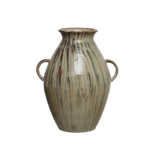 Hand-Painted Stoneware Vase w/ Handles (Each One Will Vary)