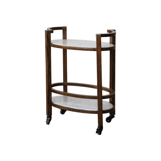 Mango Wood 2-Tier Bar Cart on Casters w/ Marble Shelves