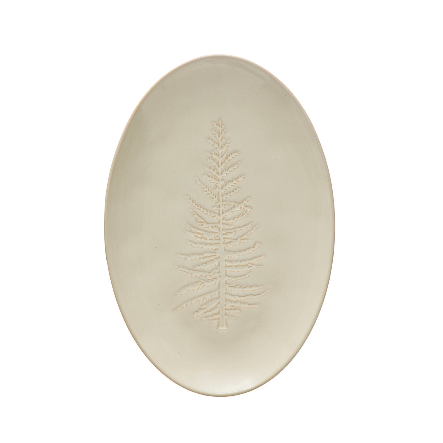 Oval Debossed Stoneware Platter w/ Tree Design, White