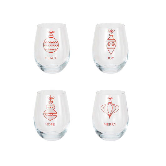 18 oz. Stemless Wine Glass w/ Ornament & Word, Red, SET OF 4