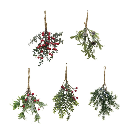 Hanging Faux Evergreen & Berry Bunch, Snow/Ice Finish, 5 Styles-  SOLD SEPARATELY