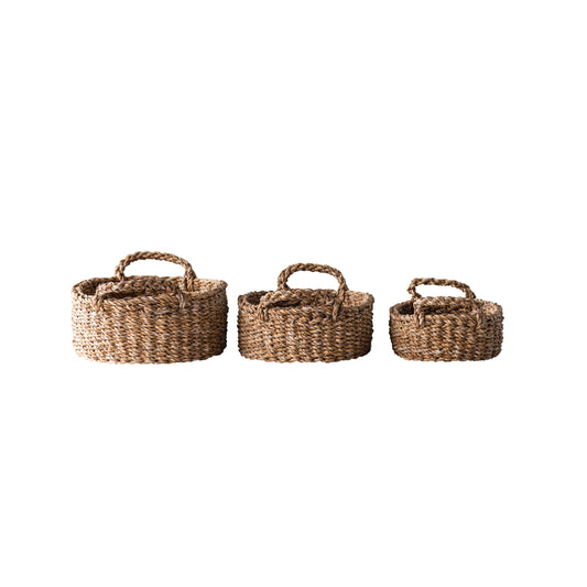 Hand-Woven Baskets with Handles, Set of 3